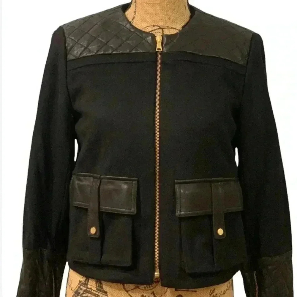Alice  and Olivia black crop long sleeve leather trim wool and cashmere jacket S